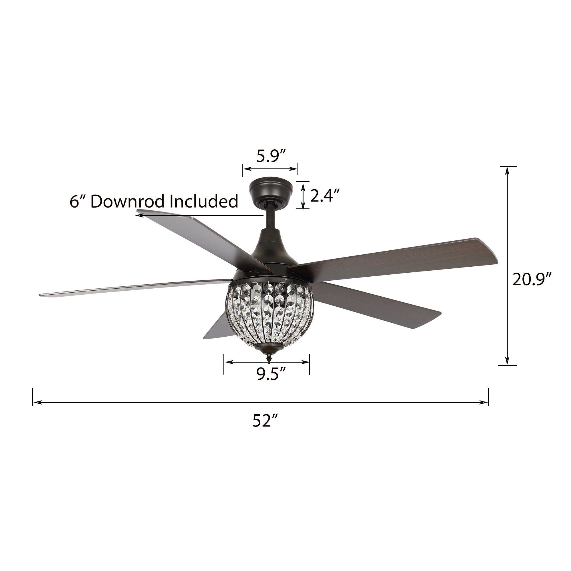 Ventilateur de plafond industriel en bois noir à 5 pales en cristal avec télécommande