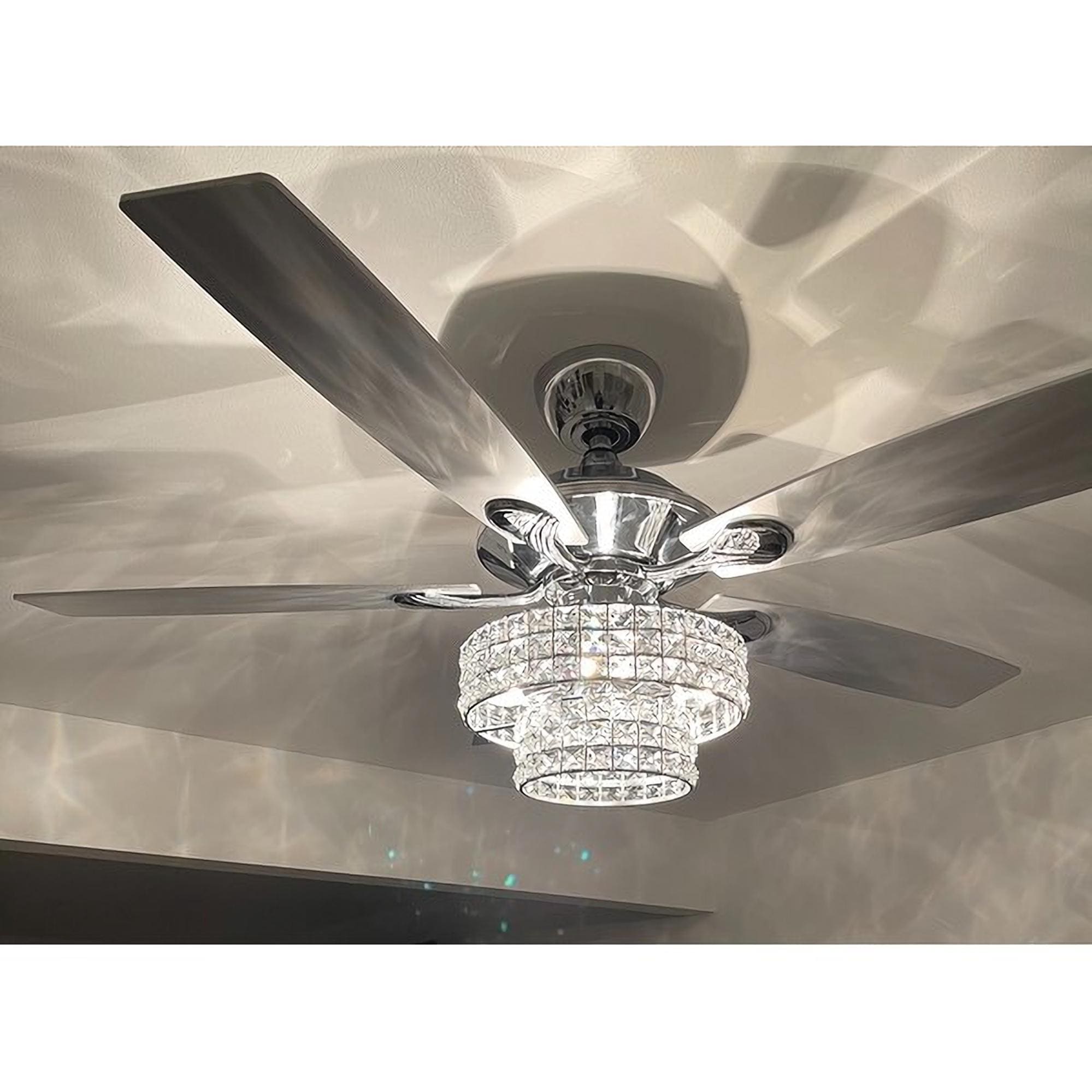 Ventilateur de plafond moderne en cristal et bois chromé de 52 pouces, 5 pales, avec télécommande