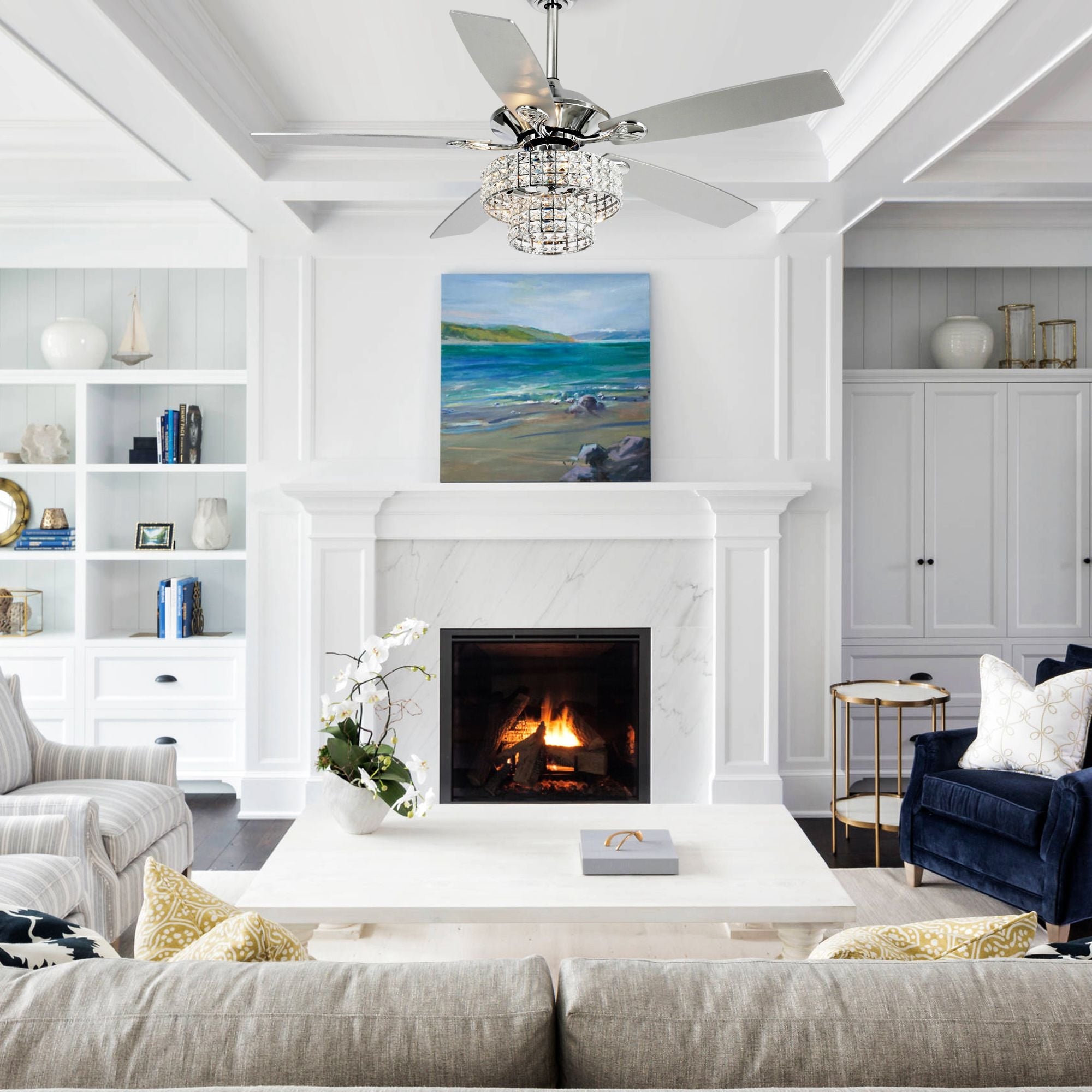 Ventilateur de plafond moderne en cristal et bois chromé de 52 pouces, 5 pales, avec télécommande