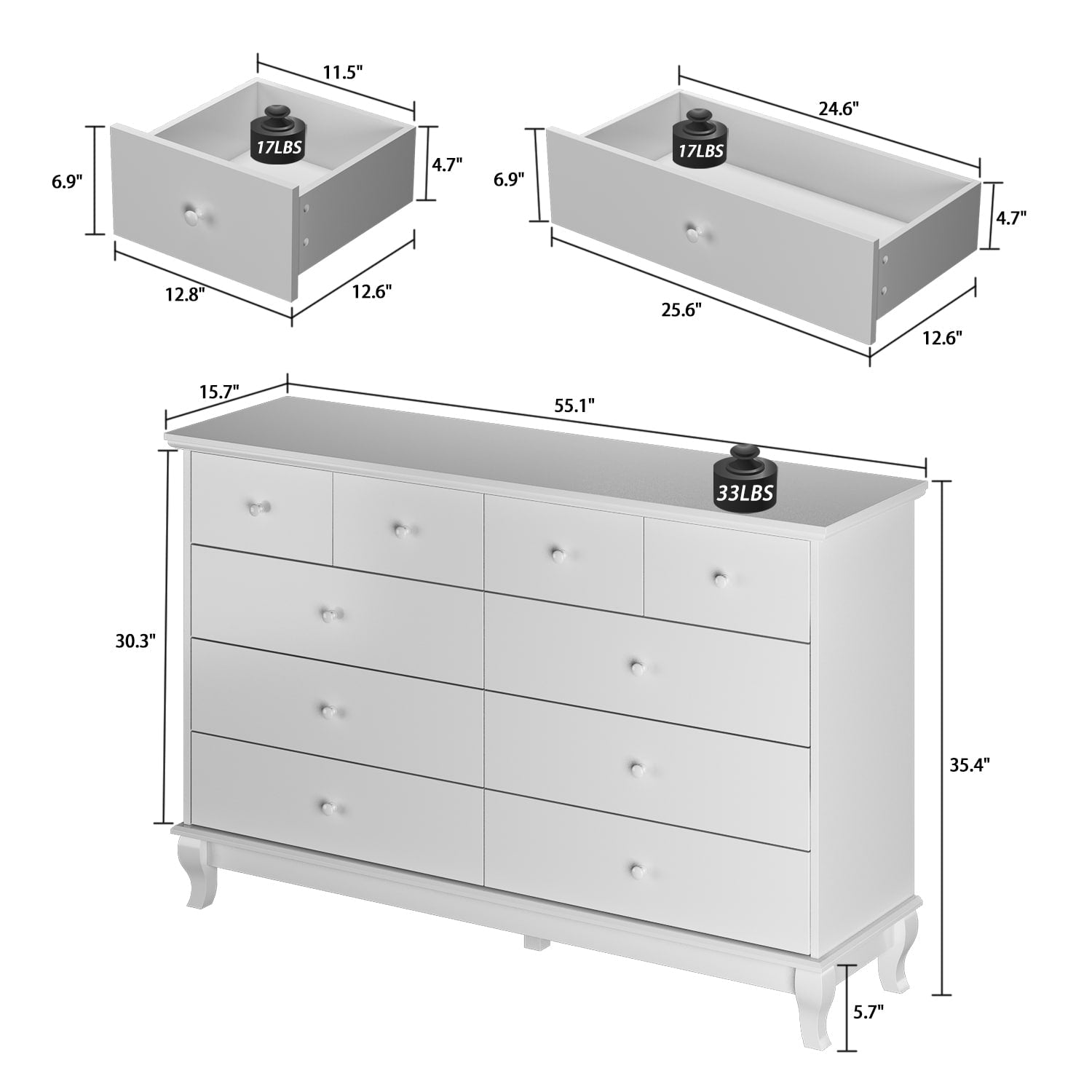 Commode double de 55,1 po de large avec tiroirs de rangement