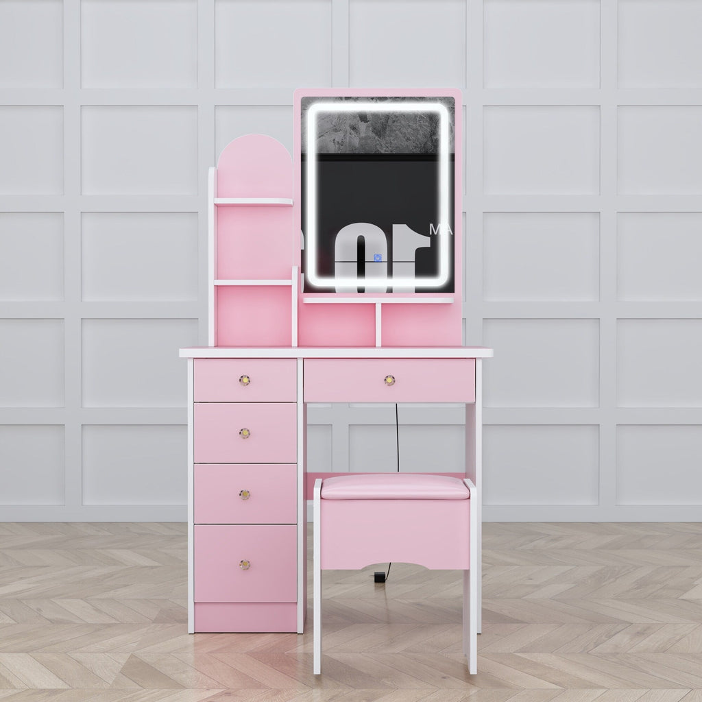 Coiffeuse avec table et tabouret, miroir et éclairage LED
