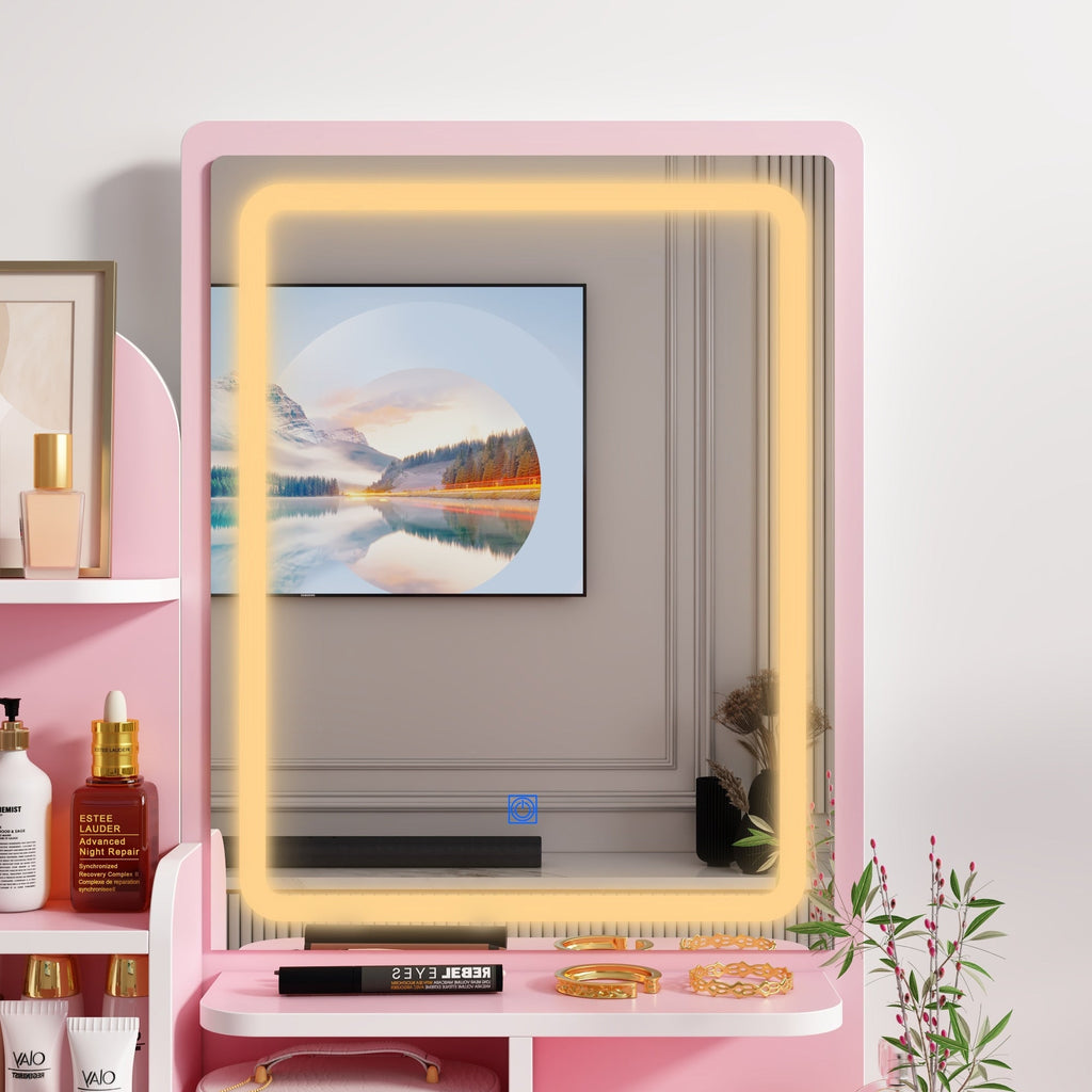 Coiffeuse avec table et tabouret, miroir et éclairage LED